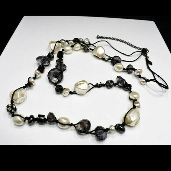 Chico’s Long Beaded Necklace Pearls Rhinestones Smoky Beads 47 Inches - Picture 4 of 8